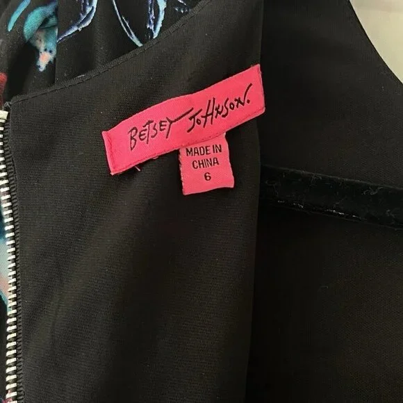 Betsey Johnson Sz 6 Black Floral Midi Bodycon Career Dress Office Siren Party - Picture 10 of 14